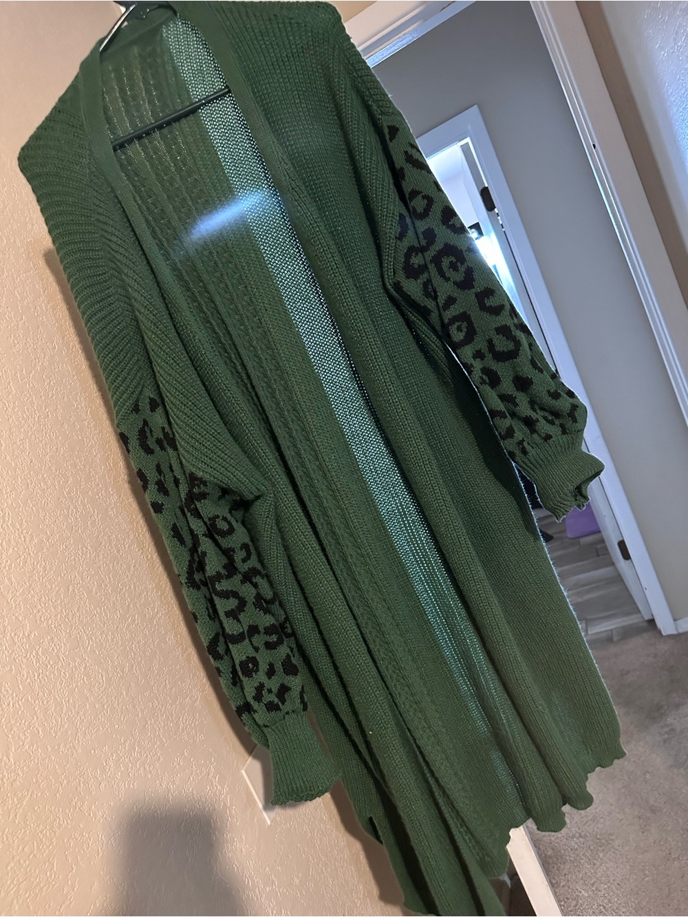 SHEIN Forest Green Open-Front Cardigan with Black Leopard Sleeves
